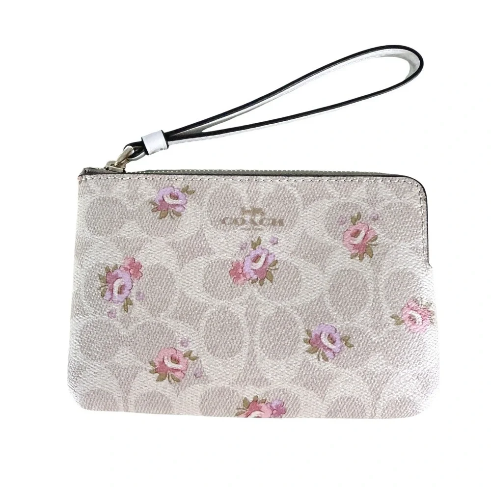 Coach Wristlet Corner Zip Signature Canvas Floral Print Sand Multi NEW